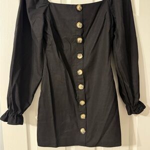 Kittenish Black Long Sleeve Button Dress